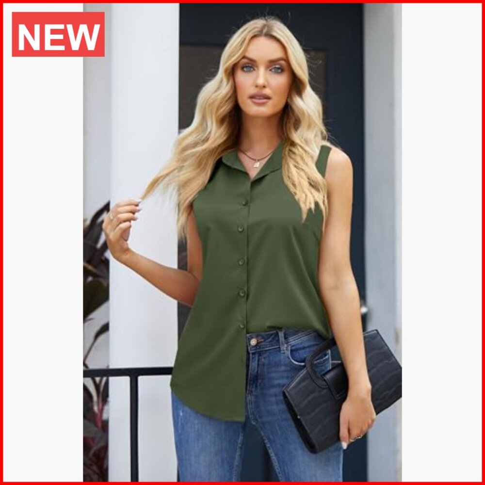 Polyester Blend Sleeveless Button Down Shirt V-Ne… - image 3